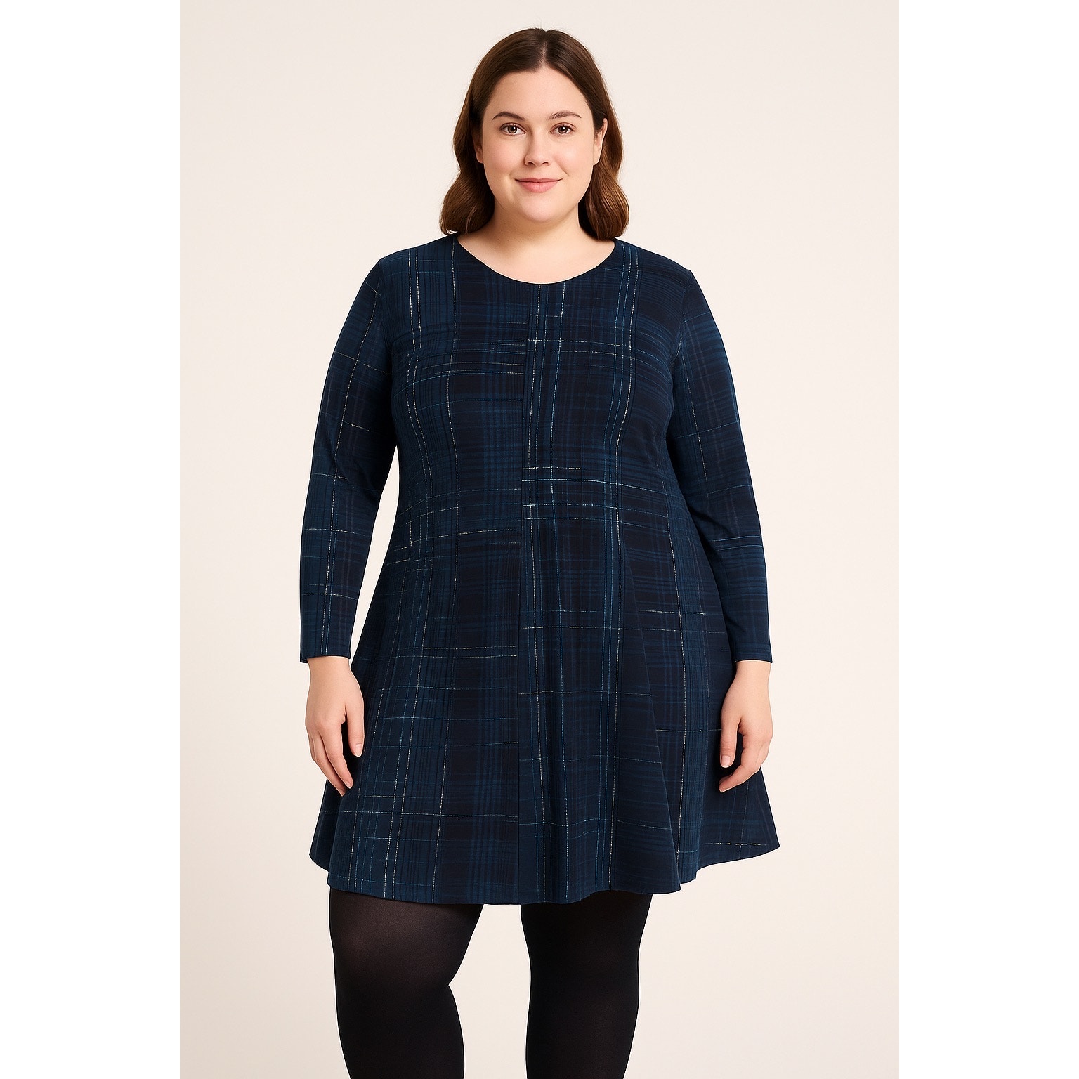 Simply Vera Vera Wang Dress Xl Blue Plaid Long Sleeve A-Line Fit Flare Stretch